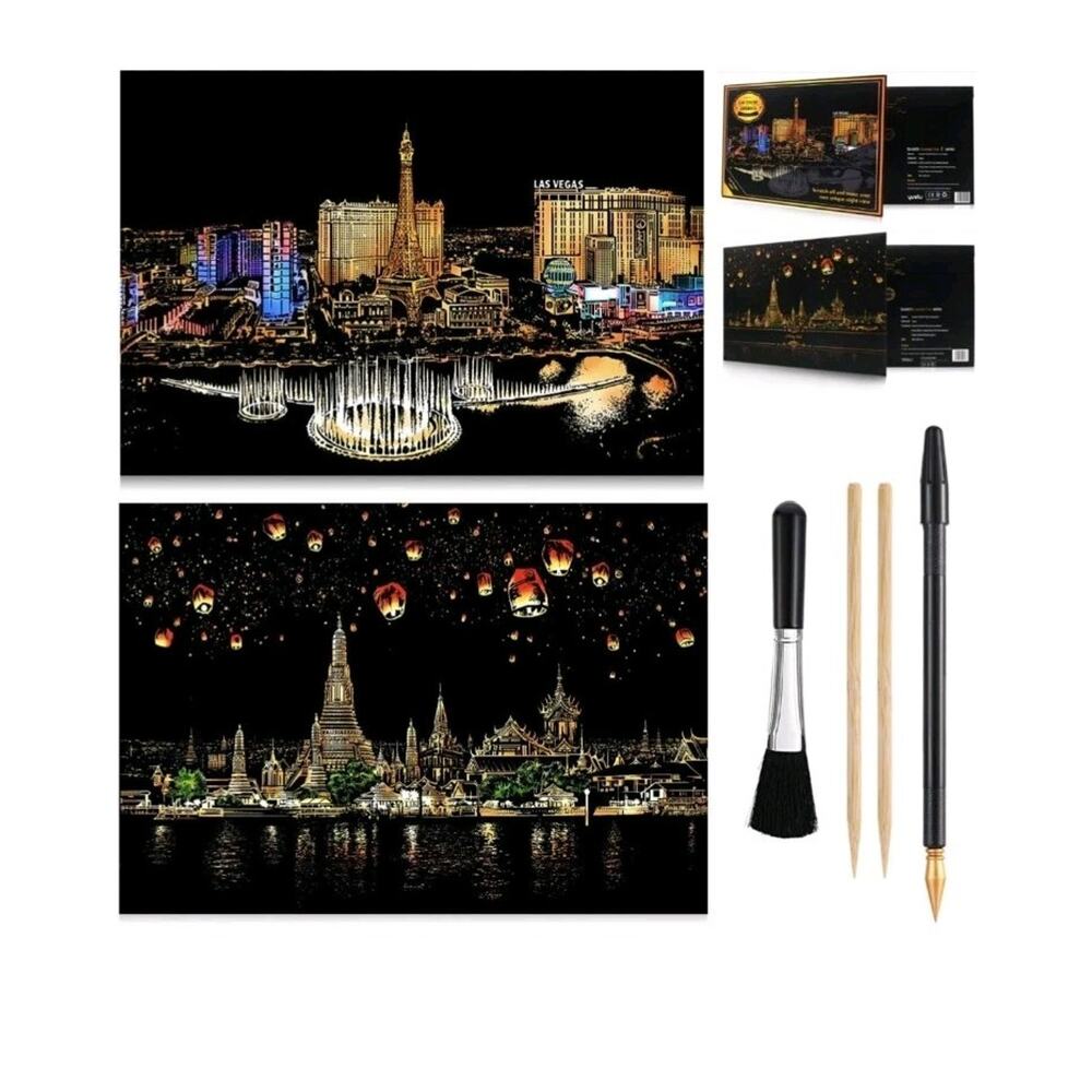 2 Pack Scratch Art Rainbow Painting Paper, Sketch Pad DIY Night View...
